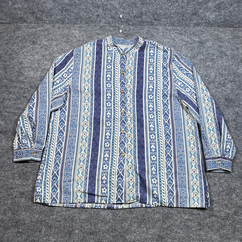 Blair Womens Blue Geometric Floral Stripe Mandarin Collar Blouse Size 2XL 2278